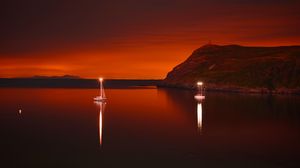 Preview wallpaper boat, glow, lake, reflection, dark