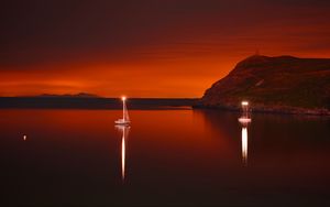 Preview wallpaper boat, glow, lake, reflection, dark