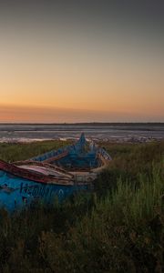 Preview wallpaper boat, grass, shore, sea