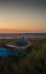 Preview wallpaper boat, grass, shore, sea