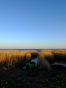 Preview wallpaper boat, grass, water, lake, fjords