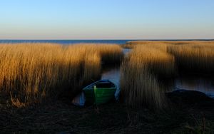 Preview wallpaper boat, grass, water, lake, fjords