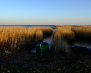 Preview wallpaper boat, grass, water, lake, fjords