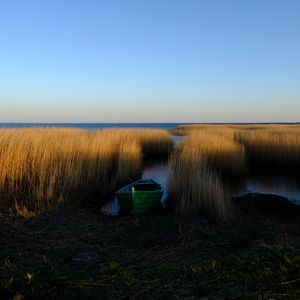 Preview wallpaper boat, grass, water, lake, fjords