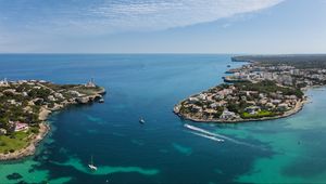 Preview wallpaper boat, island, sea, lighthouse, houses