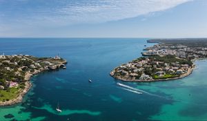 Preview wallpaper boat, island, sea, lighthouse, houses