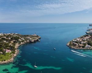 Preview wallpaper boat, island, sea, lighthouse, houses