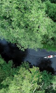 Preview wallpaper boat, kayak, river, aerial view, trees