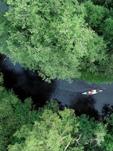 Preview wallpaper boat, kayak, river, aerial view, trees