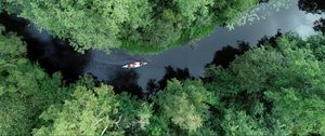 Preview wallpaper boat, kayak, river, aerial view, trees