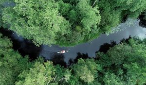 Preview wallpaper boat, kayak, river, aerial view, trees