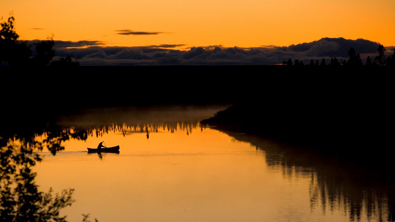 Wallpaper boat, lake, bushes, sunset, silhouette