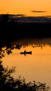 Preview wallpaper boat, lake, bushes, sunset, silhouette