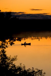 Preview wallpaper boat, lake, bushes, sunset, silhouette