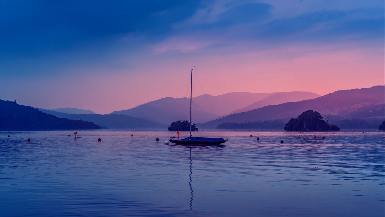 Wallpaper boat, lake, dusk, hills