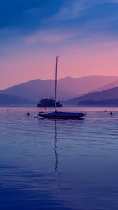 Preview wallpaper boat, lake, dusk, hills
