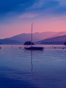 Preview wallpaper boat, lake, dusk, hills