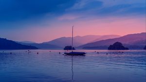 Preview wallpaper boat, lake, dusk, hills