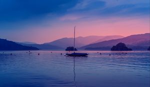 Preview wallpaper boat, lake, dusk, hills