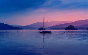 Preview wallpaper boat, lake, dusk, hills