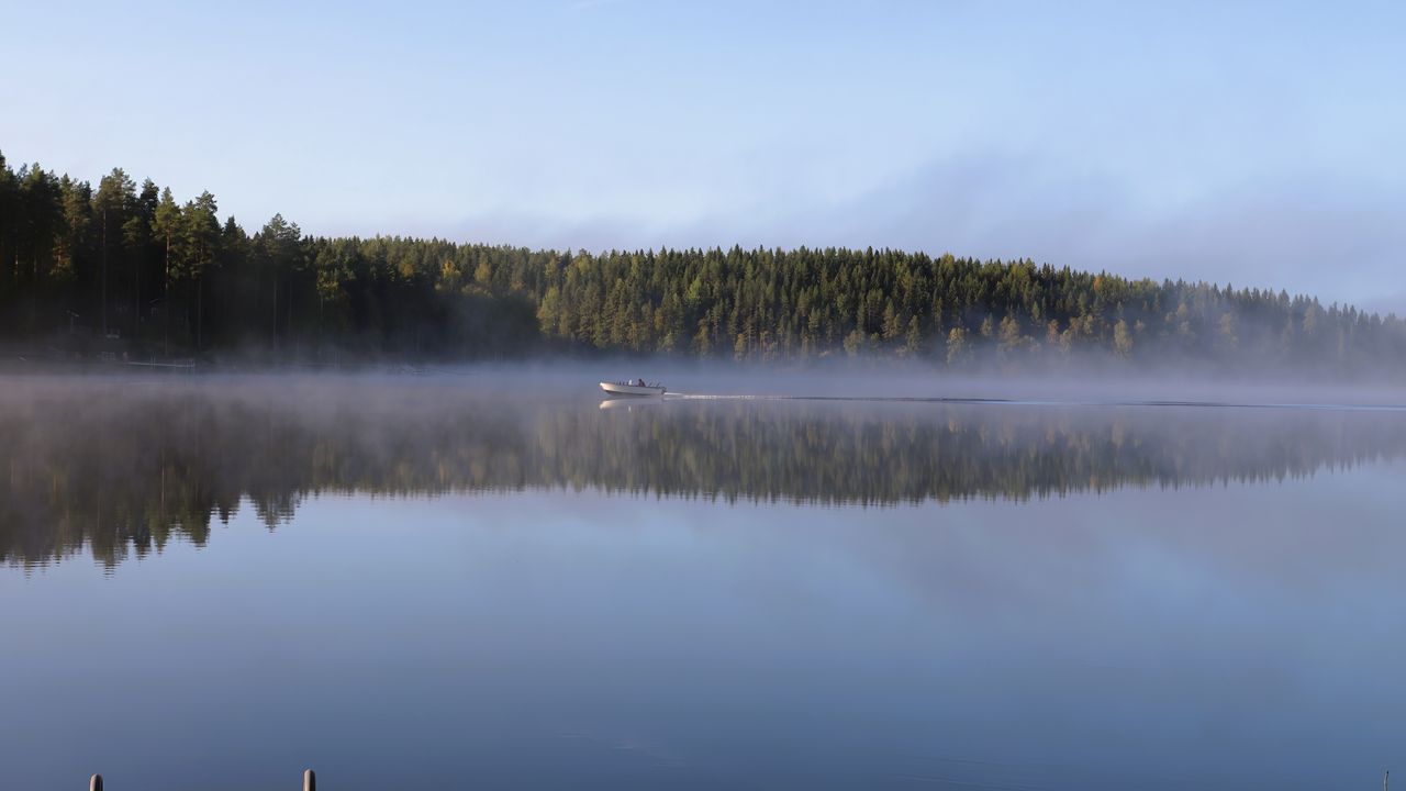 Wallpaper boat, lake, fog, forest