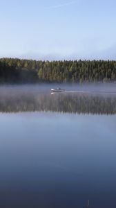 Preview wallpaper boat, lake, fog, forest