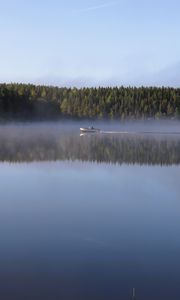 Preview wallpaper boat, lake, fog, forest
