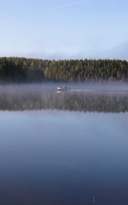 Preview wallpaper boat, lake, fog, forest