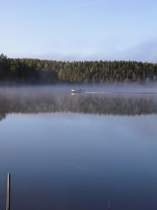 Preview wallpaper boat, lake, fog, forest