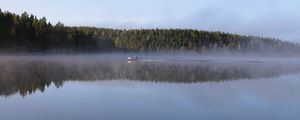 Preview wallpaper boat, lake, fog, forest
