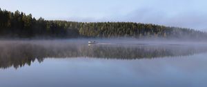 Preview wallpaper boat, lake, fog, forest