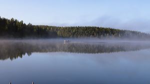 Preview wallpaper boat, lake, fog, forest