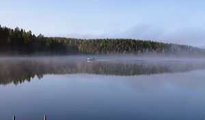 Preview wallpaper boat, lake, fog, forest