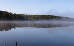 Preview wallpaper boat, lake, fog, forest