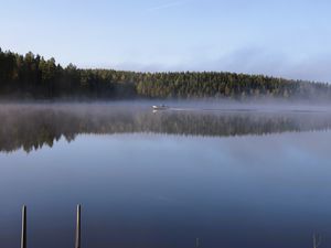 Preview wallpaper boat, lake, fog, forest