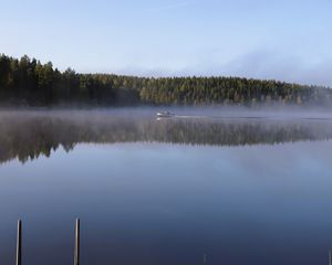 Preview wallpaper boat, lake, fog, forest
