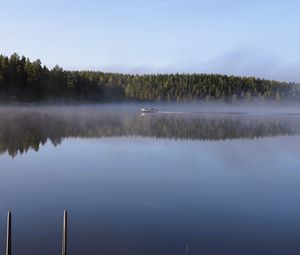 Preview wallpaper boat, lake, fog, forest