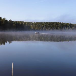 Preview wallpaper boat, lake, fog, forest