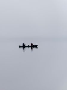 Preview wallpaper boat, lake, fog, minimalism, gray