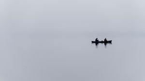 Preview wallpaper boat, lake, fog, minimalism, gray