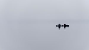 Preview wallpaper boat, lake, fog, minimalism, gray