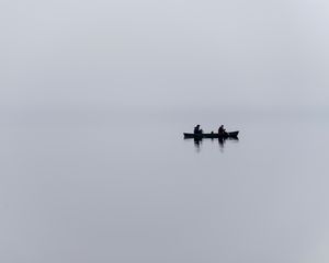 Preview wallpaper boat, lake, fog, minimalism, gray