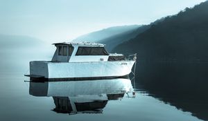 Preview wallpaper boat, lake, fog, water, reflection