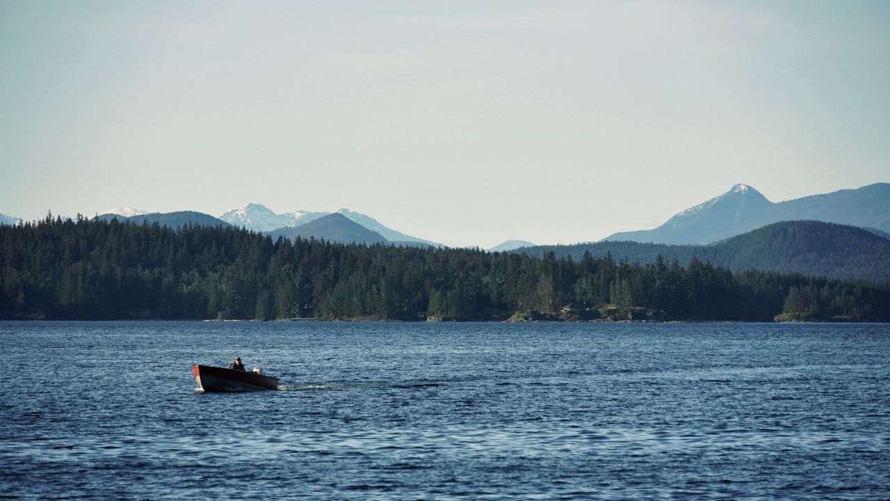 Wallpaper boat, lake, forest, mountains, landscape