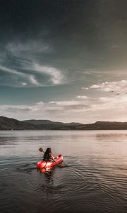 Preview wallpaper boat, lake, girl, solitude, alone, landscape