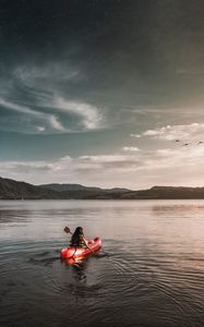 Preview wallpaper boat, lake, girl, solitude, alone, landscape