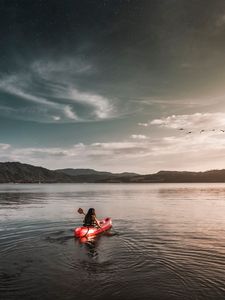 Preview wallpaper boat, lake, girl, solitude, alone, landscape