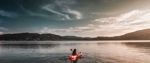 Preview wallpaper boat, lake, girl, solitude, alone, landscape