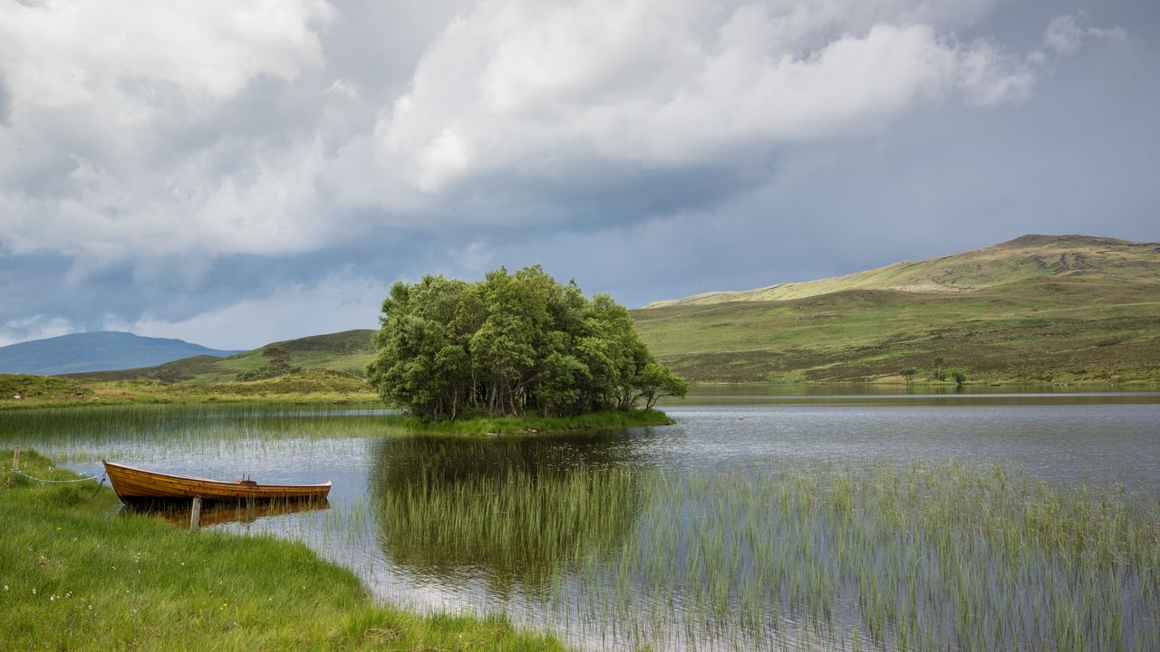 Wallpaper boat, lake, hills, nature, landscape
