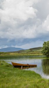 Preview wallpaper boat, lake, hills, nature, landscape